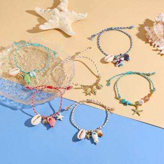 1 pièce Bracelet réglable en corde avec pendentif en céramique de style plage d'été avec coquillage et étoile de mer