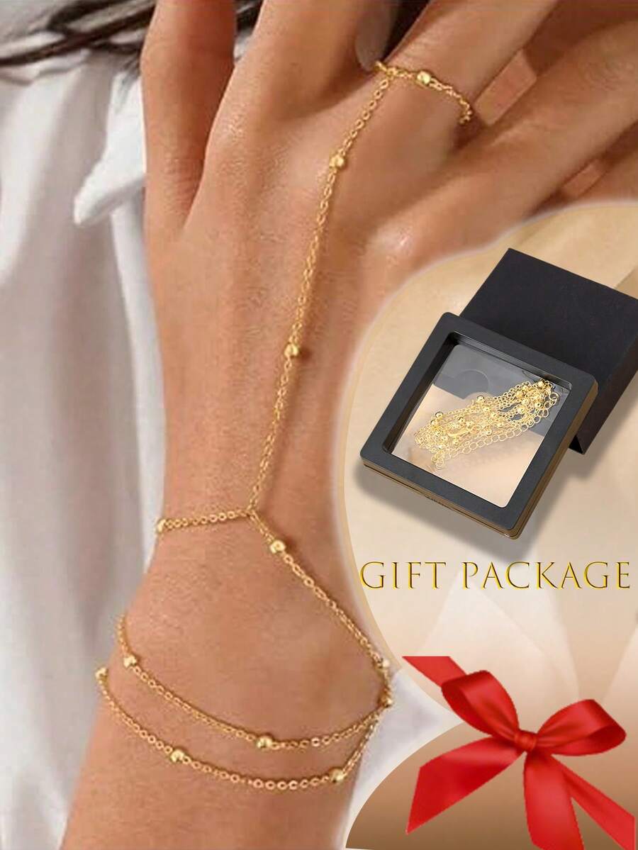 1 pieza Brazalete de cadena multicapa de estilo europeo y americano con bolas de metal que no se descoloran, con empaque de caja de regalo, accesorio de playa de verano para mujeres - Pulsera de oro + caja de regalo - Ver 1