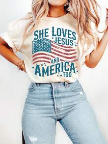 Independence Day Shirt, Christian Shirt, 4th Of July Shirt, She Loves Jesus And America Too Shirt, America Retro Shirt, Usa Shirt, USA Flag - 白色 - 查看 1