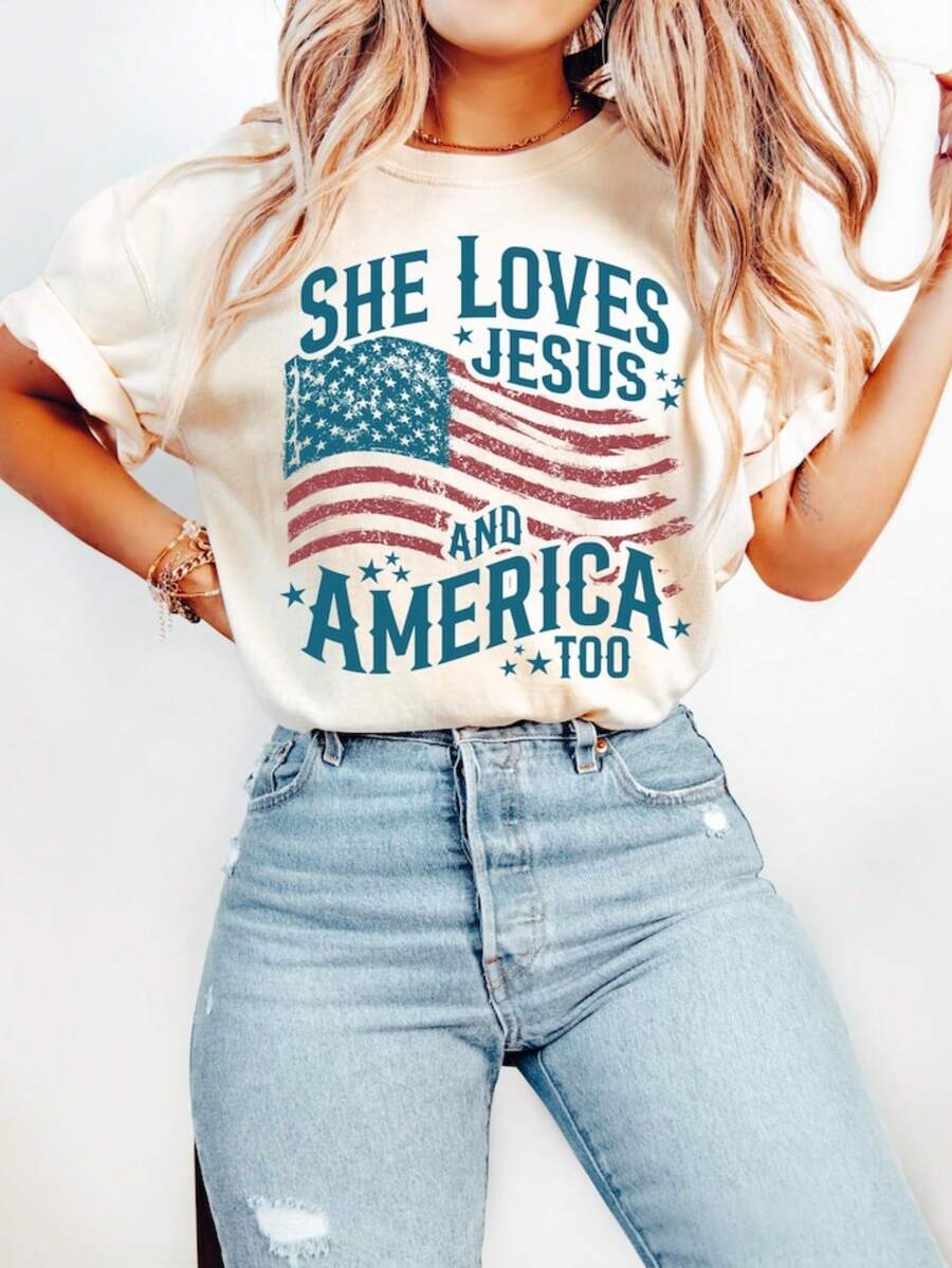 Independence Day Shirt, Christian Shirt, 4th Of July Shirt, She Loves Jesus And America Too Shirt, America Retro Shirt, Usa Shirt, USA Flag - 白色 - 查看 1