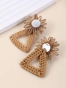 1 Pair Handmade Minimalist White Round Beaded Flower & Woven Triangle Pendant Earrings, Elegant Design For Women, Suitable For Travel, Social Events, And As Gifts