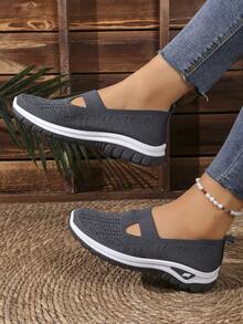 1 双女式针织镂空一脚蹬鞋，透气舒适软底休闲鞋，多色百搭乐福鞋，适合妈妈穿大一码 - 深灰色 - 查看 5