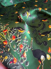 1 Pc Women's Faux Silk Bird Print Robe Set With Headscarf, Summer Beach Sun-Protective Cover Up Poncho With Satin Scarf