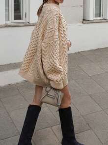 Autumn/Winter New Loose Street Casual Elegant Round Neck Cable Knitted Long-Sleeved Sweater, Casual Slouchy Knitted Versatile Top,Loose Knitted Pullover Sweater ,Ladies' Oversized Solid Color Long Sleeve Sweater , Commute, Minimalist, Old Money, Simple, Women's Autumn Clothing,Christmas - Apricot - View 8