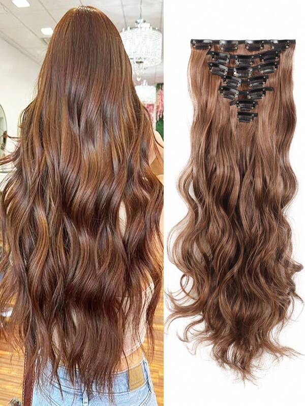 إكستنشن شعر مُثبت بمشابك، لون بني فاتح، 7 قطع/مجموعة، طول 18~32 بوصة، موجة جسم، إكستنشن شعر اصطناعي كامل الرأس للنساء، قطع شعر مُضافة