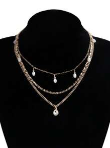 3pcs Fashionable Multi-Layer Pearl Teardrop Pendant Necklace, Stylish Layered Necklace, Suitable For Daily Wear And Gift