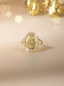 1 pièce Bague en cubic zirconia pour la Saint-Valentin, anneau en forme de cœur creux de la Vierge Marie, nouveau style européen et américain. Bague en forme de cœur en or 18 carats. Cadeau de bijoux de foi spirituelle pour les femmes pour la Saint-Valentin