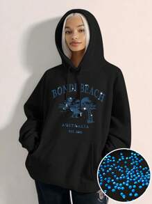 Love Joyy Shiny Rhinestone Pattern, Bondi Beach Coconut Trees And Surfing Pattern Solid Color Pullover Hoodie Loose Fit Dropped Shoulders With Pockets, Hot Rhinestone Craft Casual Summer Hooded Sweatshirt Fashion Clothing Daily Casual Wear