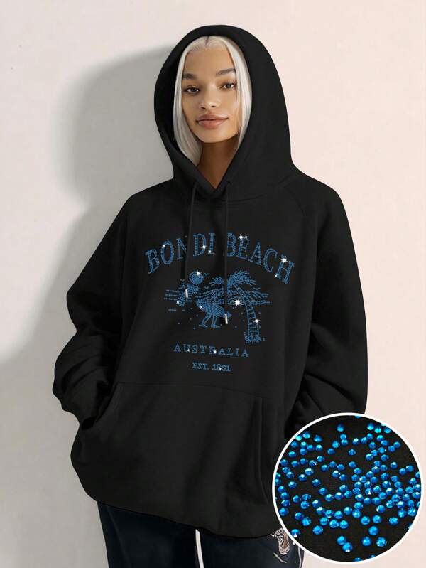 Shiny Rhinestone Pattern, Bondi Beach Coconut Trees And Surfing Pattern Solid Color Pullover Hoodie Loose Fit Dropped Shoulders With Pockets, Hot Rhinestone Craft Casual Summer Hooded Sweatshirt Fashion Clothing Daily Casual Wear