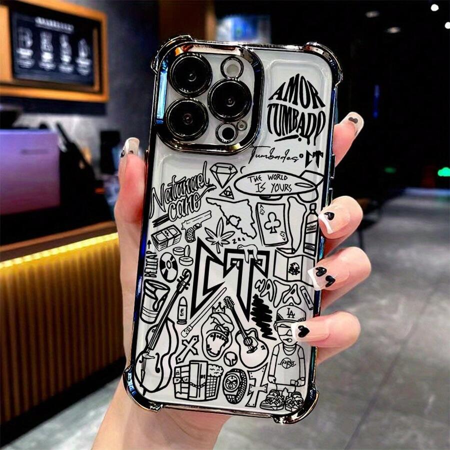 Funda de Teléfono con Patrón de Arte de Línea de Letras CT de Moda para 17 16 15 14 13 12 11 Pro X XR XSMAX 8 Plus, Cubierta Trasera Transparente y Suave a Prueba de Golpes - Colores mixtos - Ver 1