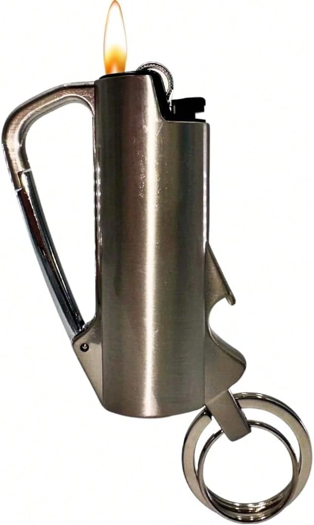 Lighter Case. Carabiner Keychain BIC Lighter Holder With Bottle Opener. 3 Colors & 2 Sizes To Choose From. BIC Sleeves For J5 And J6 Sizes. - Silver - View 1