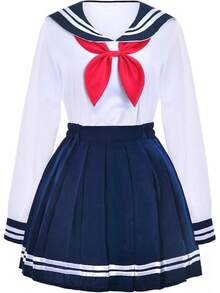 Japanese Sailor Uniform For Girls, Navy Blue Pleated Skirt Cosplay Set With Socks, Anime School Costume - 白色和海軍藍 - 查看 2