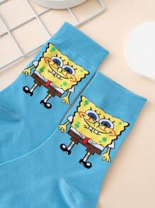 SPONGEBOB 1 Pair Unisex Cartoon Spongebob Pattern Colorful Jacquard Mid-Calf Socks, Sports Style, Suitable For All Seasons, European & American Size, Comfortable Breathable Durable, Ideal For Everyday Wear, Premium Fabric, Non-Sweaty
