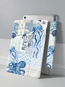 Ocean Beautiful Pattered Sword Castle Pattern Transparent Silicone Shock-Absorbing Stand With Pen Slot, Suitable For Galaxy Tab A8 10.5, S6 Lite 10.4, S7/S8/S9Inch. It Supports Sleep Awakening As A Holiday Gift