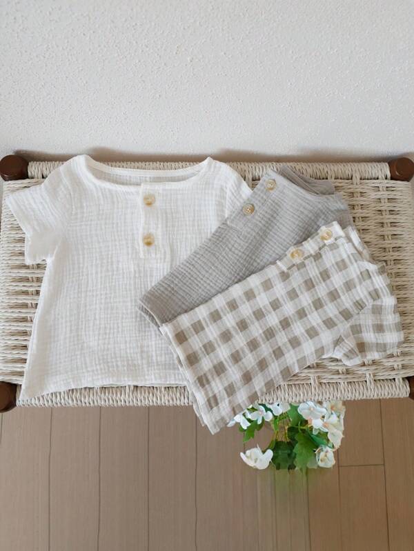 3pcs/Set Spring Summer Double Gauze Cotton Muslin Tops For Boys Little Kids Baby T Shirt Clothes Baby Boy Plaid Outfit