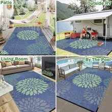 Reversible Outdoor Rug Multiple Sizes Waterproof Patio Rug Carpet Portable Outdoor Plastic Straw Rug Large RV Camping Mat Rug For Patio, Deck, Beach, Porch, Camping, Picnic, Teal - Navy Blue - View 6