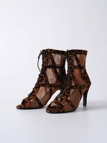 网眼露趾凉鞋、豹纹短靴、镂空网眼靴、爵士舞高跟鞋、露趾舞蹈凉鞋 圣诞节 冬季圣诞礼物 - 彩色 - 查看 6