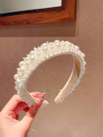 1pc Women 1.18" Wide Luxury Faux Pearl & Crystal Fabric Headband, Suitable For Weddings, Parties, Bridal Hair Accessories, Bohemian Elegant