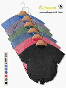 Bawełna, Jednolity Kolor Sześć Części T-shirt Letni Damski Zabawny T-shirt Krótkie Rękawy Regular Niche Modny Sprany T-shirt - Wielokolorowe - Zobacz 1