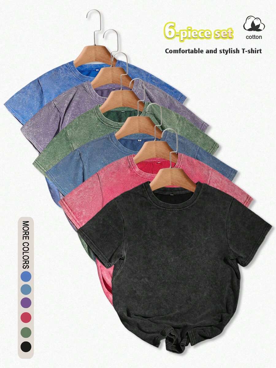 Bawełna, Jednolity Kolor Sześć Części T-shirt Letni Damski Zabawny T-shirt Krótkie Rękawy Regular Niche Modny Sprany T-shirt - Wielokolorowe - Zobacz 1