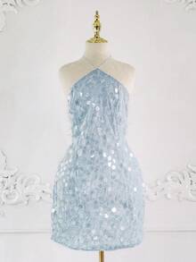 Vestido curto sexy com lantejoulas e costas nuas, estilo camisola, ideal para férias, formatura, Dia dos Namorados, Ano Novo, festas de fim de ano e Natal.