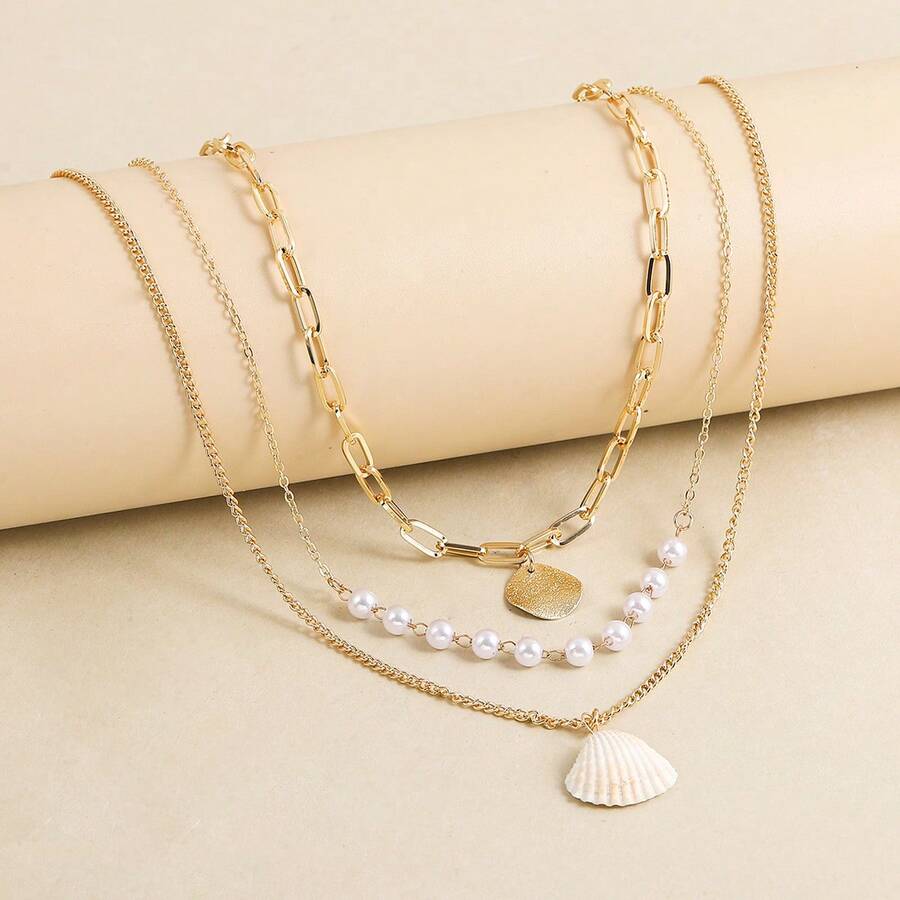 1pc 3-Layer Gold Shell & Pearl Pendant Necklace - Layered Necklace - View 1