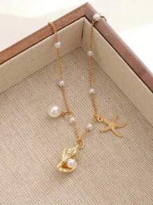 1pc Elegant Minimalist Faux Pearl Shell & Starfish Pendant Anklet, Suitable For Men And Women, Beautiful Holiday Gift