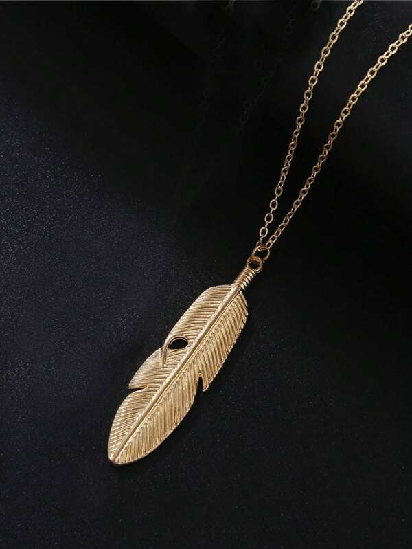 1pc Women Fashion Feather Leaf Design Elegant Minimalist Long Necklace