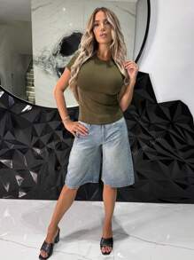 Manon Tanti Pantaloncini di jeans larghi e morbidi da donna con tasche, lunghezza al ginocchio