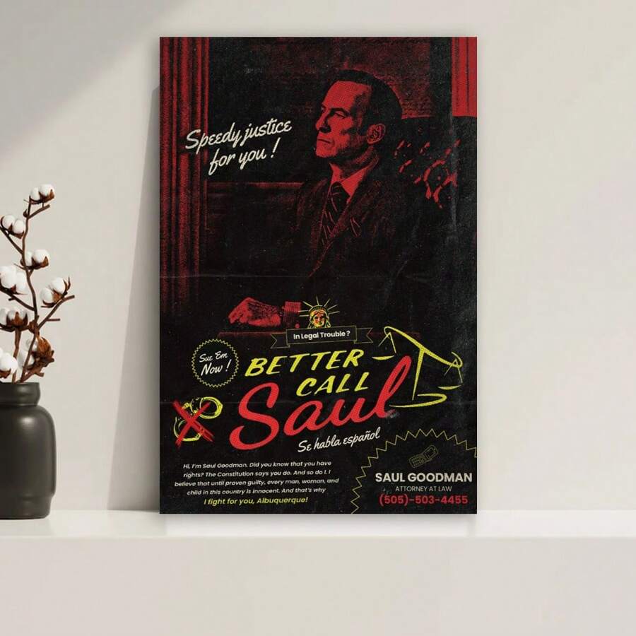 Framed 1pc "Better Call Saul" Jimmy McGill  Canvas Wall Art - Waterproof TV Show Poster With Vibrant Red & Yellow Design, Durable Home Decor For Living Room, Office, Dormitory, Dormitory Decoration | Dramatic Poster | Durable Wall Poster, Poster Wall Art - 框架 - 查看 1