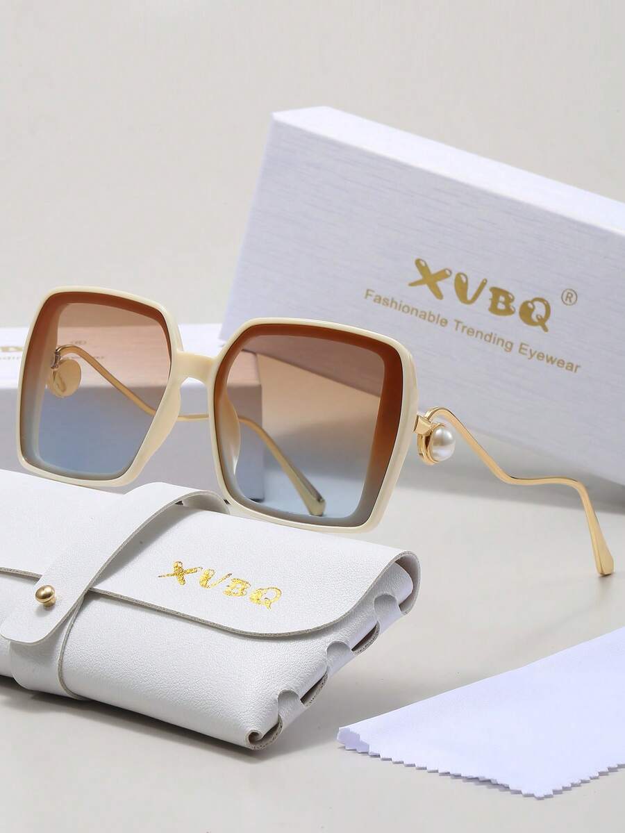 XVBQ 1 副女士超大方形镜框 PC 金属珍珠时尚眼镜，适合日常佩戴，含礼品包装