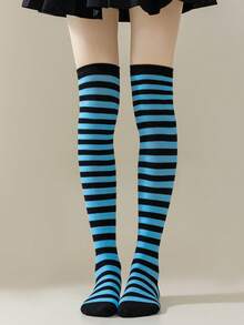 1双女士细条纹多色角色扮演JK日系系列过膝长袜，Y2K风格，舒适