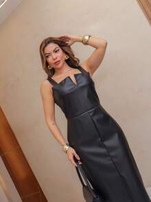 A&DD FASHION, REF:Y251.Women PU Leather Dress, High Quality Black Leather Skirt Dress, 2025 Spring Summer Slit Long Skirt, Sexy Dark Punk, Party Dress, Slim Waist Slit Backless Long Leather Skirt - 黑色 - 查看 3