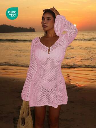 Women's Long Sleeve Hollow Out Swimsuit Cover Up, Elegant Bohemian Beach Resort Style, V-Neck Skirt
