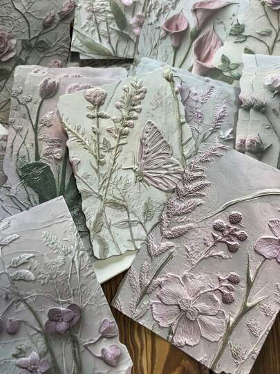 23 قطعة/عبوة ورق كرافت أبيض مزخرف بطبعات نباتية وزهرية ثلاثية الأبعاد، خفيف الوزن بطراز رجعي، لتزيين الألبومات والدفاتر والأعمال اليدوية