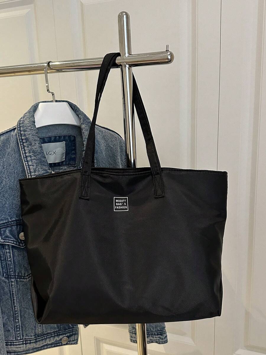 1pc Stylish Solid Color Minimalist Large Capacity Shoulder Tote Bag, Tote Bags For School,College Essentials - Black - View 1