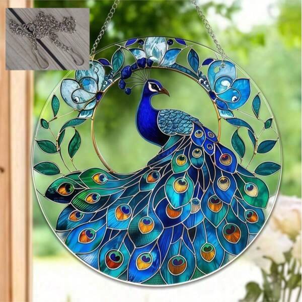 1 Stück 5,9 Zoll blauer Traumfänger aus Acryl mit Pfauendruck, runde Fensterdekoration, Wandbehang für Zuhause, Gartendekoration für drinnen und draußen (mit Metallkette)