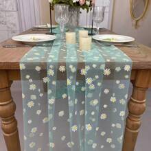 Eleganter Gänseblümchen-Spitze Tischläufer - 200cm, Polyester-Tüll-Stoff in Grasgrün/Champagner/Schwarz - perfekt für Hochzeiten & Sommerfeste, Hochzeitstischdecke, Dekoration, Tischüberzug