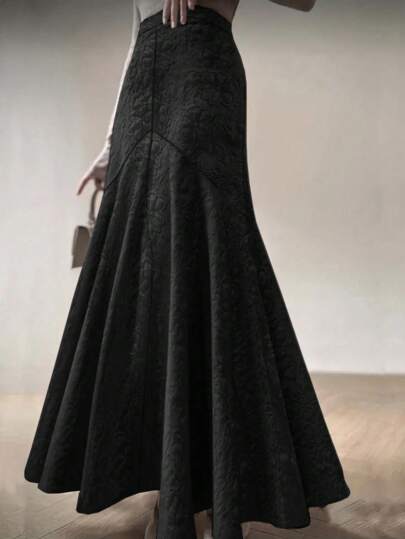 Plus Size Women Elegant Floral Embossed Mermaid Skirt, All Season