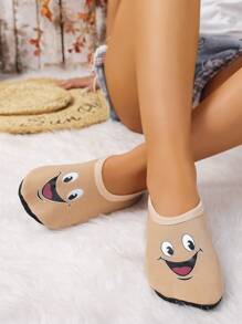 Women's Cute Face Design Indoor Slippers With Thin Thermal Lined, Breathable & High Elastic, Suitable For Home, Beach, Outdoor, Yoga