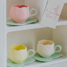 Conjunto de taza de café y platito en forma de tulipán de cerámica con posavasos con diseño de hoja, decorativo y práctico, cálido y lindo, adecuado para oficina, comedor y hogar, fácil de limpiar