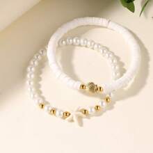 Set de 2 piezas de joyas pulseras de playa de verano para mujer con cuentas de arcilla polimérica blanca con forma de estrella de mar y concha, accesorios de atuendo de vacaciones, moda de surf