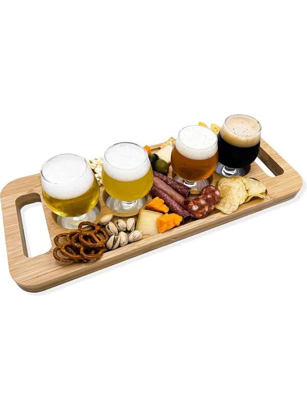 Tabla de vuelo con 4 copas de tulipán - Juego de degustación de cerveza y vino de bambú natural premium, juego de regalo de cerveza artesanal, tabla de vuelo de whisky, tabla de vuelo de tequila, tabla de charcutería única