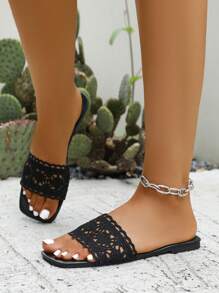 Bohemian Hollow Out Woven Black Casual Slip-On Sandals For Women, New Summer Beach Vacation Slippers