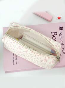 1Pc Floral Print Pencil Case, Back-To-School Stationery Organizer, Double-Sided Printed Pouch, Portable Multi-Functional Office & School Pencil Holder, Pencil Pouch, School Bag School Supplies, Back To School
