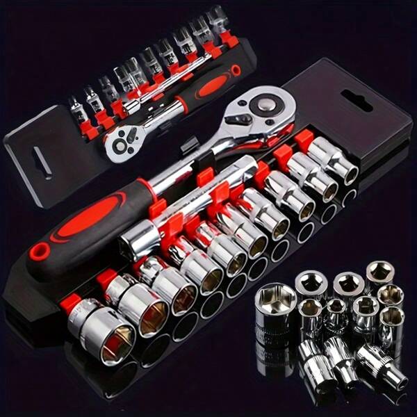 Conjunto completo de chaves de soquete com catraca, 1 peça/12 peças/46 peças. Soquetes para furadeira e haste de extensão - Durável. Multiuso. Ideal para reparo de automóveis e tarefas domésticas - Estojo compacto incluso.