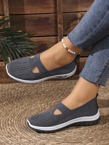 1 双女式针织镂空一脚蹬鞋，透气舒适软底休闲鞋，多色百搭乐福鞋，适合妈妈穿大一码 - 深灰色 - 查看 4