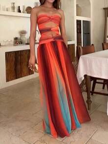 .Women Tie Dye Strapless Maxi Dress Elegant Gradient Twist Front Hollow Out Long Dress Summer Off Shoulder Flowy Dresses - 彩色 - 查看 5