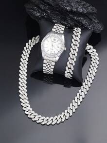 CVNANA 3 件套奢华防水石英手表套装，带日历功能，Iced Out Chains 男士珠宝套装，链项链/手链/手表组合套装，嘻哈时尚珠宝礼物，适合情人节、生日、父亲节