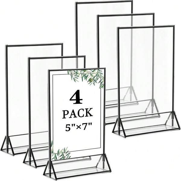 4 Packs Acrylic Sign Holder 5x7 Inch - Double-Sided Tabletop Frame For Wedding Table Numbers, Restaurant Menu, Christmas Photos, Graduation, Birthday Party, BabyShower (With Removable Sticky Dots) - Clear Photo/Price/Menu Display Stand